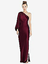 Front View Thumbnail - Cabernet One-Shoulder Puff Sleeve Maxi Bias Dress with Side Slit