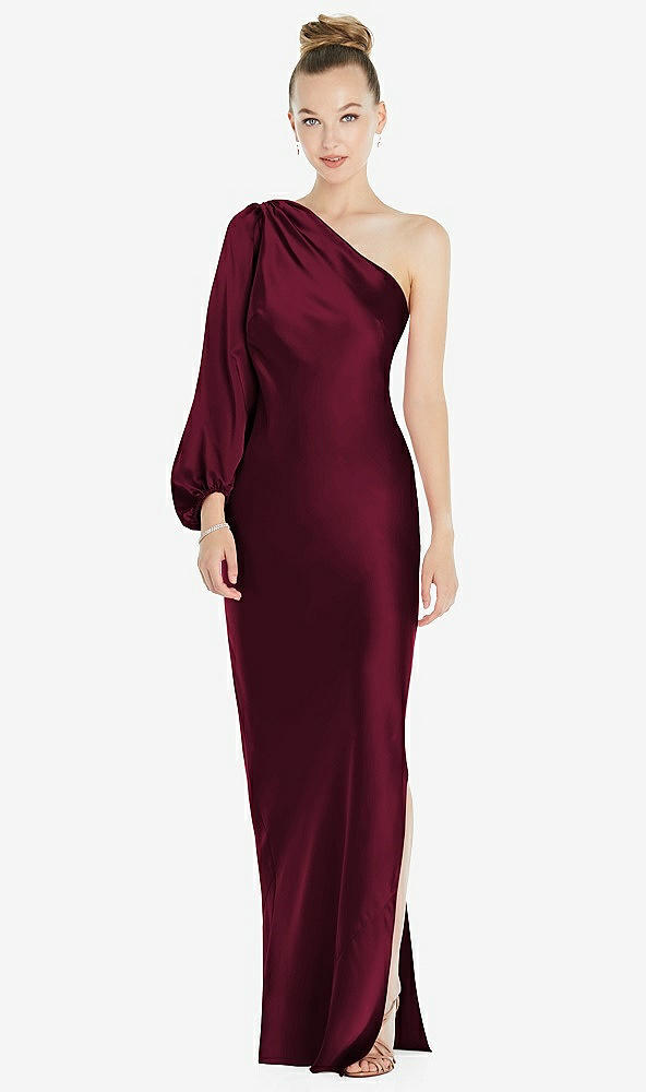 Front View - Cabernet One-Shoulder Puff Sleeve Maxi Bias Dress with Side Slit