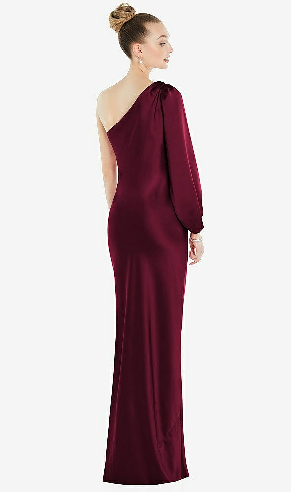 Back View - Cabernet One-Shoulder Puff Sleeve Maxi Bias Dress with Side Slit