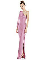 Side View Thumbnail - Powder Pink One-Shoulder Puff Sleeve Maxi Bias Dress with Side Slit