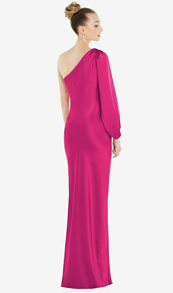 Back View - Think Pink One-Shoulder Puff Sleeve Maxi Bias Dress with Side Slit