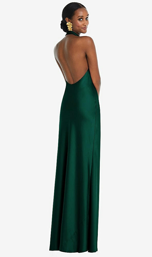 Back View - Hunter Green Scarf Tie Stand Collar Maxi Dress with Front Slit