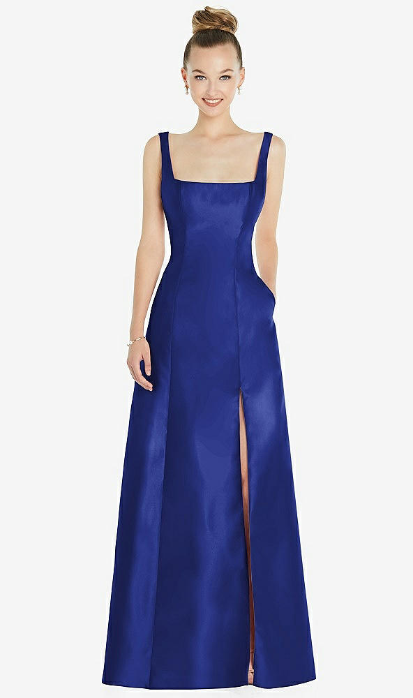 Front View - Cobalt Blue Sleeveless Square-Neck Princess Line Gown with Pockets
