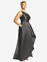 Side View Thumbnail - Caviar Gray One-Shoulder Satin Gown with Draped Front Slit and Pockets