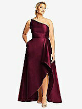 Front View Thumbnail - Cabernet One-Shoulder Satin Gown with Draped Front Slit and Pockets
