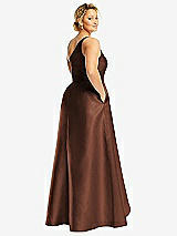 Rear View Thumbnail - Cognac One-Shoulder Satin Gown with Draped Front Slit and Pockets