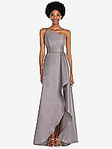 Alt View 1 Thumbnail - Cashmere Gray One-Shoulder Satin Gown with Draped Front Slit and Pockets