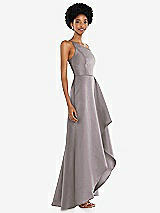 Alt View 2 Thumbnail - Cashmere Gray One-Shoulder Satin Gown with Draped Front Slit and Pockets