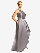 Side View Thumbnail - Cashmere Gray One-Shoulder Satin Gown with Draped Front Slit and Pockets