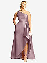 Front View Thumbnail - Dusty Rose One-Shoulder Satin Gown with Draped Front Slit and Pockets