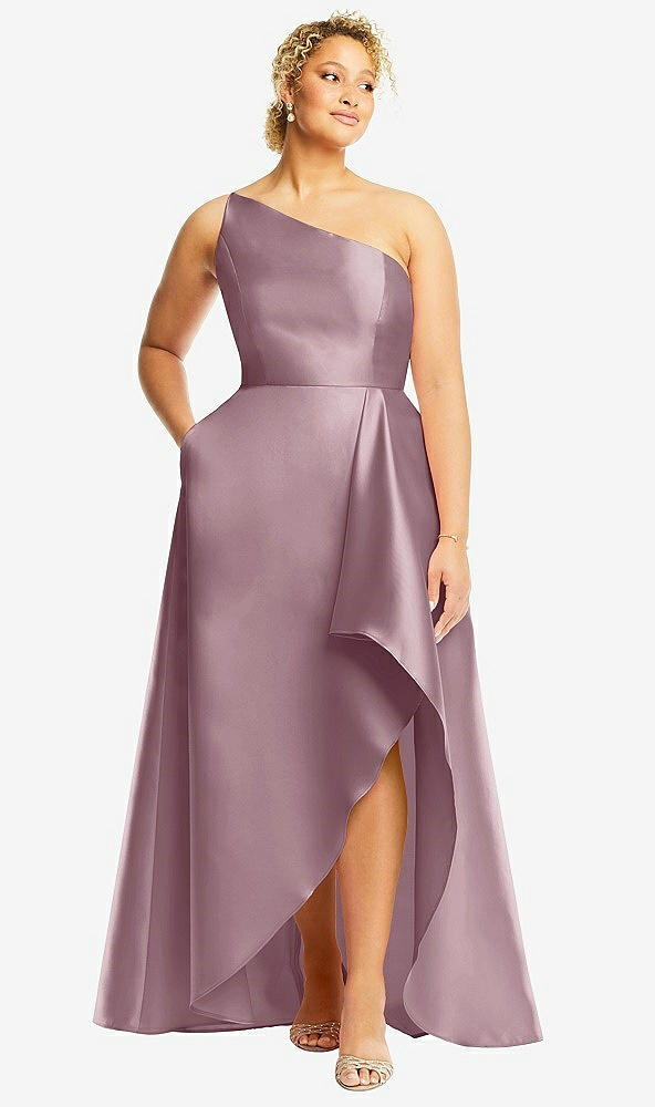 Front View - Dusty Rose One-Shoulder Satin Gown with Draped Front Slit and Pockets