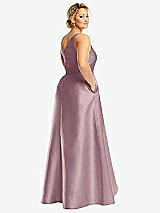 Rear View Thumbnail - Dusty Rose One-Shoulder Satin Gown with Draped Front Slit and Pockets