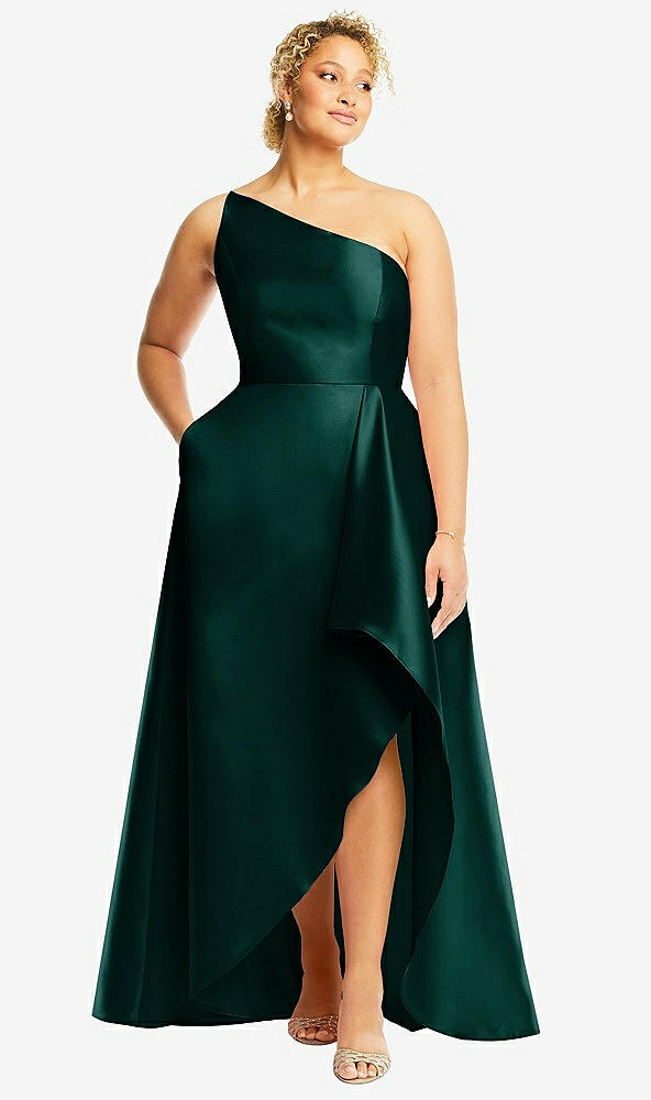 Front View - Evergreen One-Shoulder Satin Gown with Draped Front Slit and Pockets