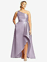 Front View Thumbnail - Lilac Haze One-Shoulder Satin Gown with Draped Front Slit and Pockets