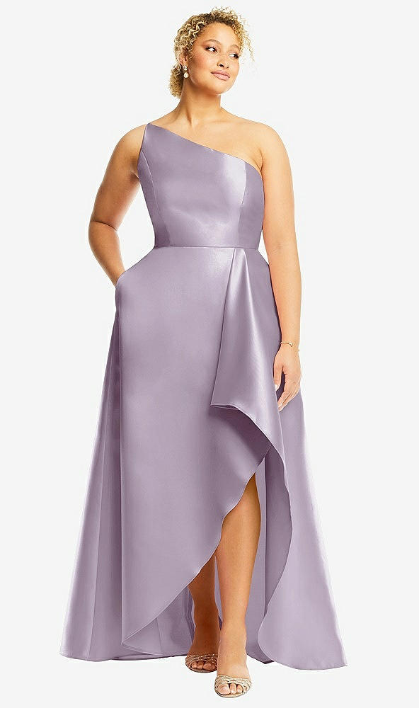 Front View - Lilac Haze One-Shoulder Satin Gown with Draped Front Slit and Pockets