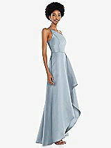 Alt View 2 Thumbnail - Mist One-Shoulder Satin Gown with Draped Front Slit and Pockets