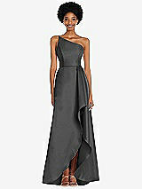 Alt View 1 Thumbnail - Pewter One-Shoulder Satin Gown with Draped Front Slit and Pockets