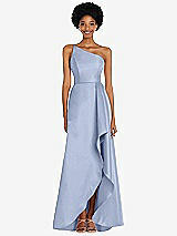 Alt View 1 Thumbnail - Sky Blue One-Shoulder Satin Gown with Draped Front Slit and Pockets