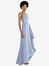 Alt View 2 Thumbnail - Sky Blue One-Shoulder Satin Gown with Draped Front Slit and Pockets