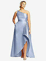 Front View Thumbnail - Sky Blue One-Shoulder Satin Gown with Draped Front Slit and Pockets