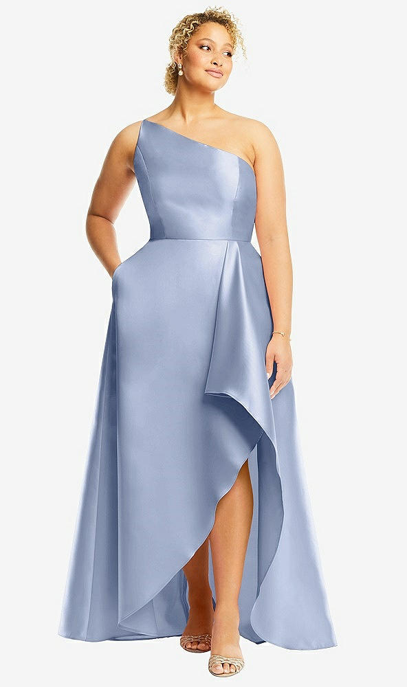Front View - Sky Blue One-Shoulder Satin Gown with Draped Front Slit and Pockets