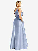 Rear View Thumbnail - Sky Blue One-Shoulder Satin Gown with Draped Front Slit and Pockets