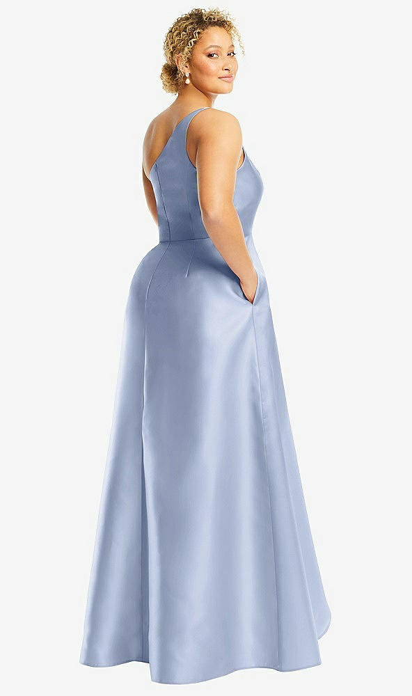 Back View - Sky Blue One-Shoulder Satin Gown with Draped Front Slit and Pockets