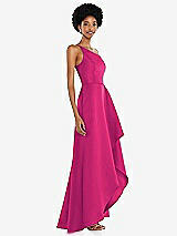 Alt View 2 Thumbnail - Think Pink One-Shoulder Satin Gown with Draped Front Slit and Pockets