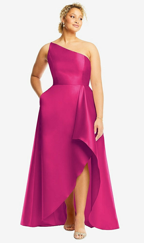 Front View - Think Pink One-Shoulder Satin Gown with Draped Front Slit and Pockets
