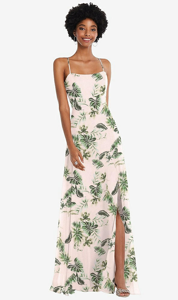 Front View - Palm Beach Print Scoop Neck Convertible Tie-Strap Maxi Dress with Front Slit