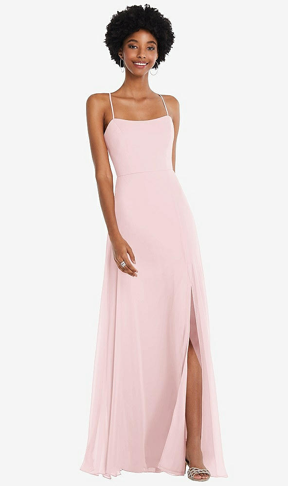 Front View - Ballet Pink Scoop Neck Convertible Tie-Strap Maxi Dress with Front Slit