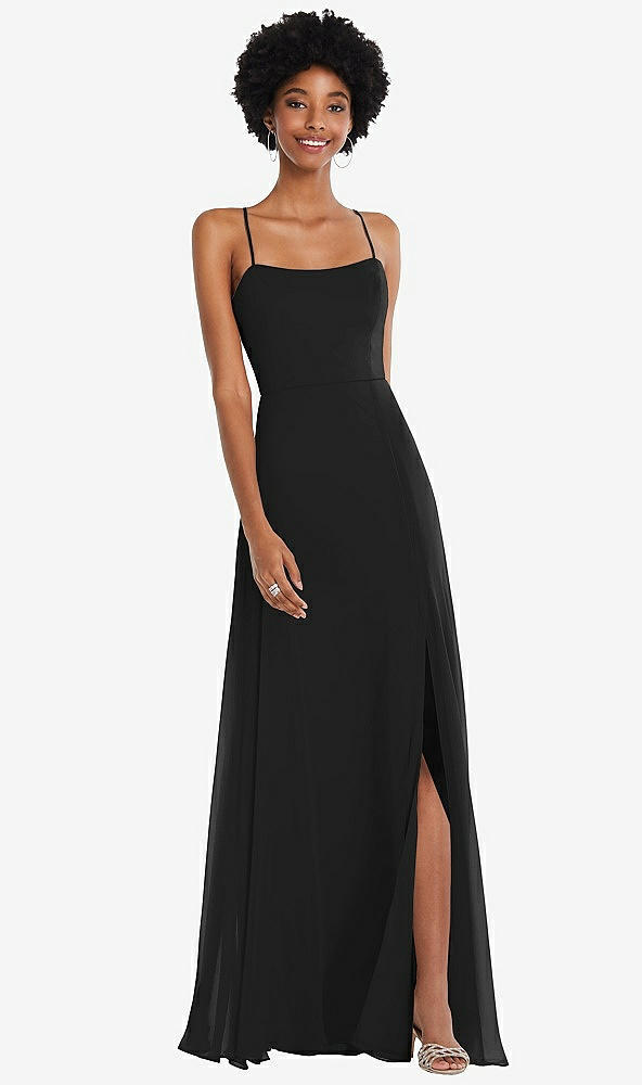 Front View - Black Scoop Neck Convertible Tie-Strap Maxi Dress with Front Slit