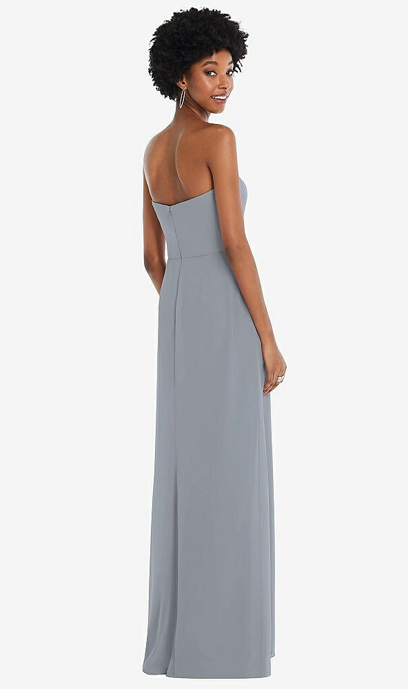 Back View - Platinum Strapless Sweetheart Maxi Dress with Pleated Front Slit 