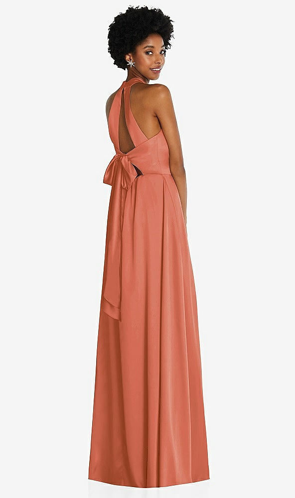 Back View - Terracotta Copper Stand Collar Cutout Tie Back Maxi Dress with Front Slit