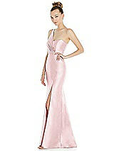 Side View Thumbnail - Ballet Pink Draped One-Shoulder Satin Trumpet Gown with Front Slit