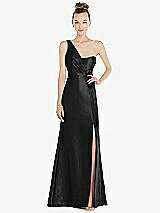 Front View Thumbnail - Black Draped One-Shoulder Satin Trumpet Gown with Front Slit
