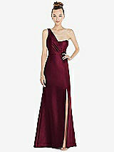 Front View Thumbnail - Cabernet Draped One-Shoulder Satin Trumpet Gown with Front Slit