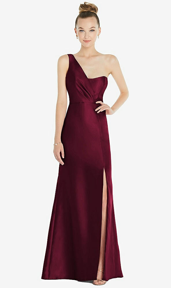 Front View - Cabernet Draped One-Shoulder Satin Trumpet Gown with Front Slit