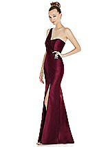 Side View Thumbnail - Cabernet Draped One-Shoulder Satin Trumpet Gown with Front Slit
