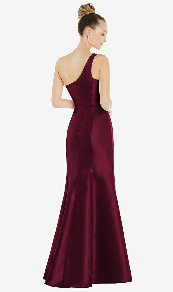 Back View - Cabernet Draped One-Shoulder Satin Trumpet Gown with Front Slit