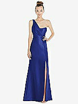 Front View Thumbnail - Cobalt Blue Draped One-Shoulder Satin Trumpet Gown with Front Slit