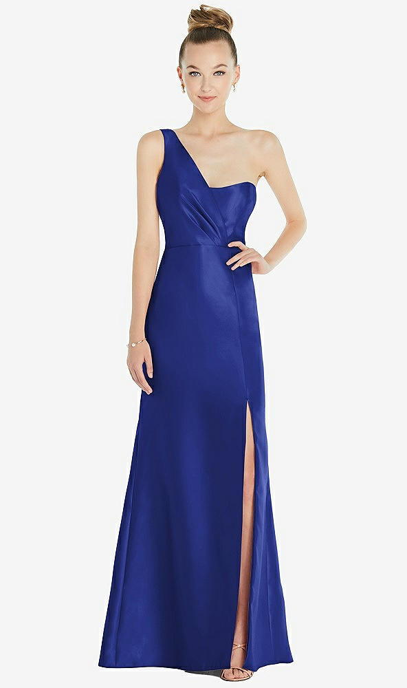 Front View - Cobalt Blue Draped One-Shoulder Satin Trumpet Gown with Front Slit