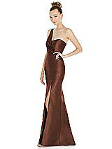 Side View Thumbnail - Cognac Draped One-Shoulder Satin Trumpet Gown with Front Slit