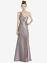 Front View Thumbnail - Cashmere Gray Draped One-Shoulder Satin Trumpet Gown with Front Slit