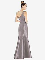 Rear View Thumbnail - Cashmere Gray Draped One-Shoulder Satin Trumpet Gown with Front Slit