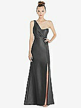 Front View Thumbnail - Pewter Draped One-Shoulder Satin Trumpet Gown with Front Slit