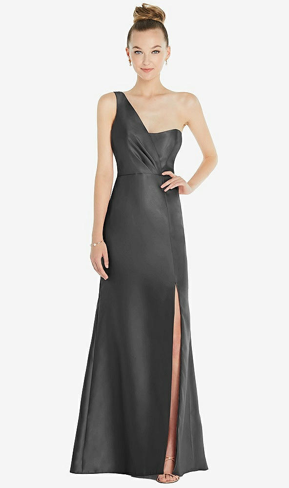 Front View - Pewter Draped One-Shoulder Satin Trumpet Gown with Front Slit