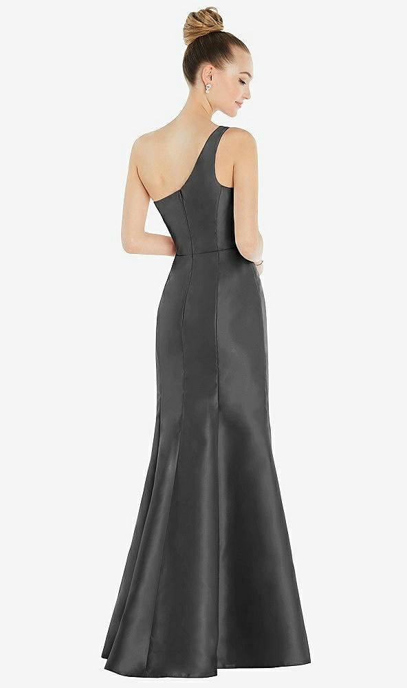 Back View - Pewter Draped One-Shoulder Satin Trumpet Gown with Front Slit