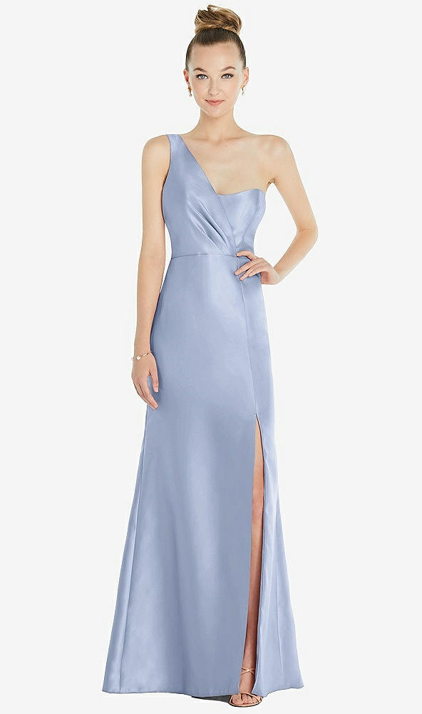 Front View - Sky Blue Draped One-Shoulder Satin Trumpet Gown with Front Slit
