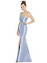 Side View Thumbnail - Sky Blue Draped One-Shoulder Satin Trumpet Gown with Front Slit